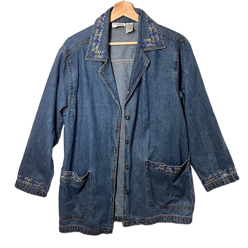 Vintage Cervelle Long Button Front Denim Chambray Jacket Floral Embroidered